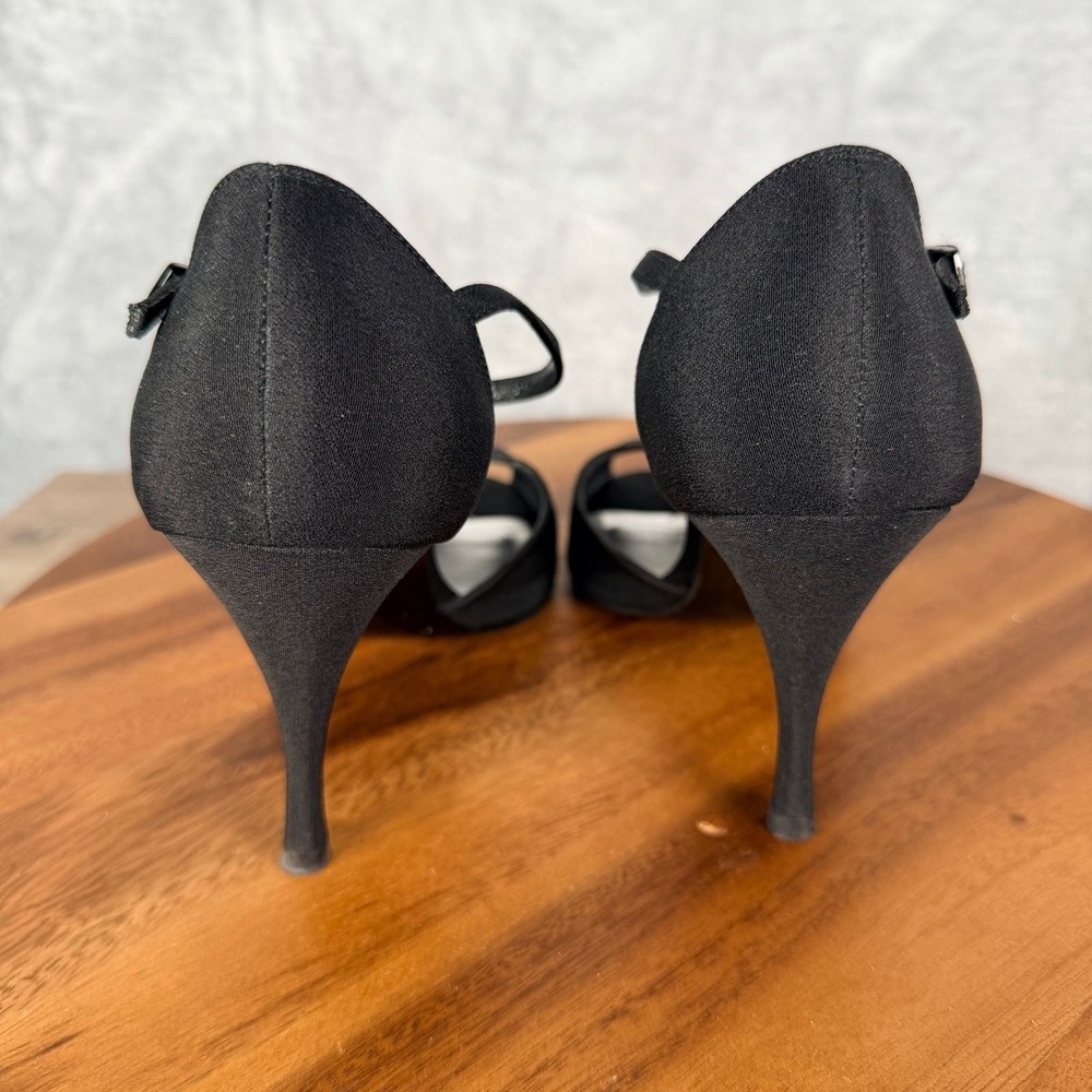 Stuart Weitzman Shoes Womens 7.5 M Black Satin Peep Toe Jeweled T-strap Pump - Picture 9 of 16